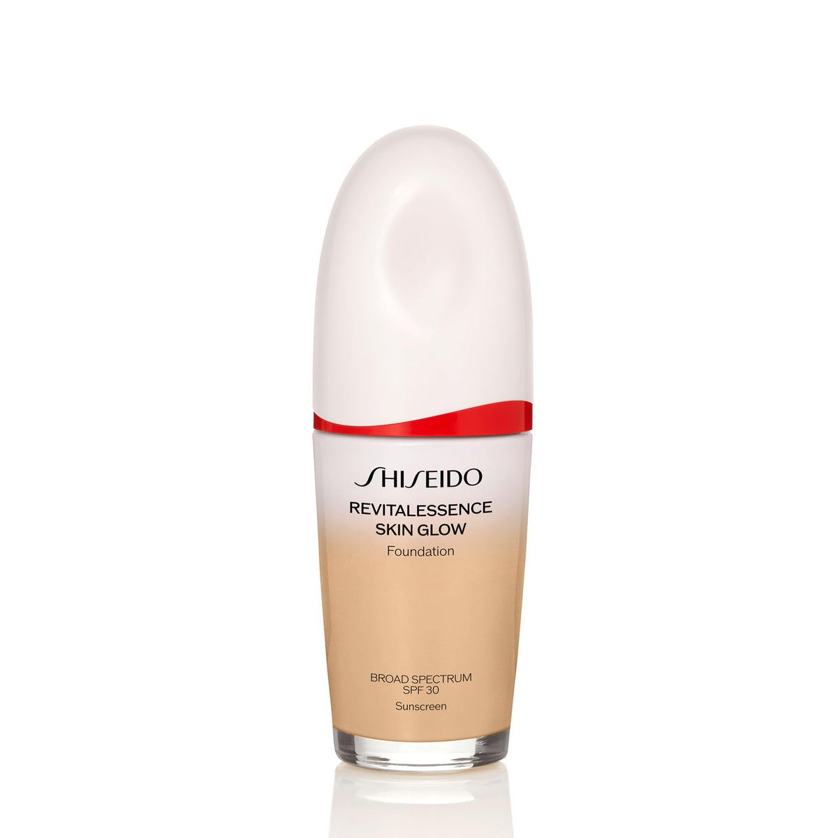 Shiseido Revitalessence bottle showing dewy foundation finish for radiant skin