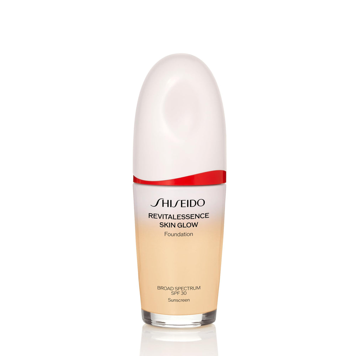 Shiseido RevitalEssence Skin Glow Foundation bottle closeup with SPF 30 protection.