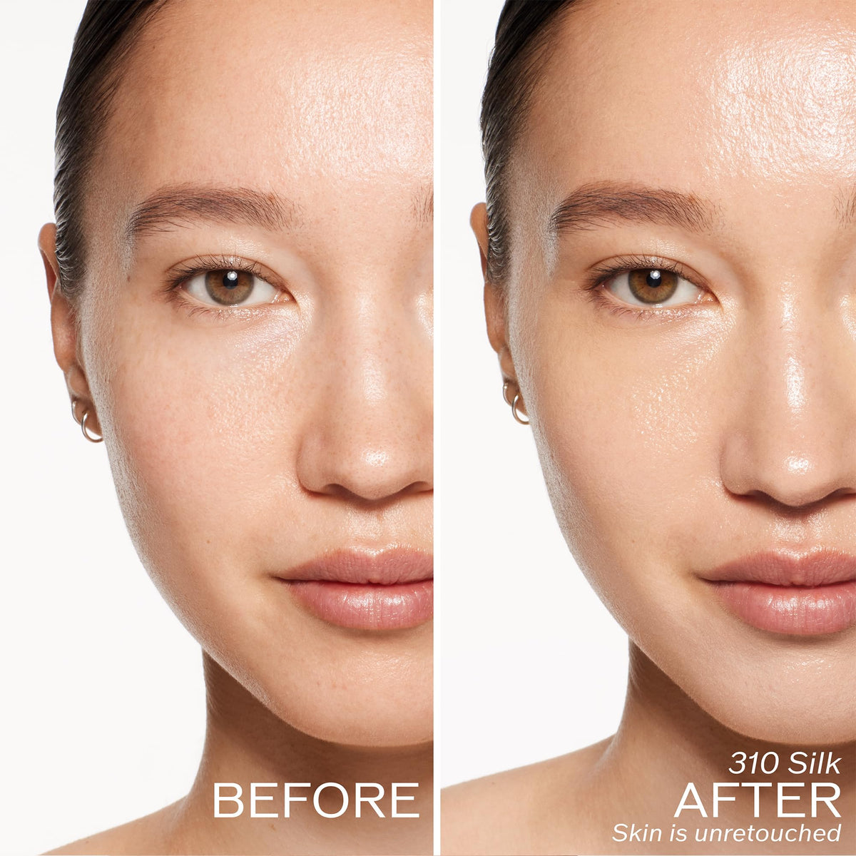 Shiseido RevitalEssence close-up shows pore-blurring, hydrated skin.