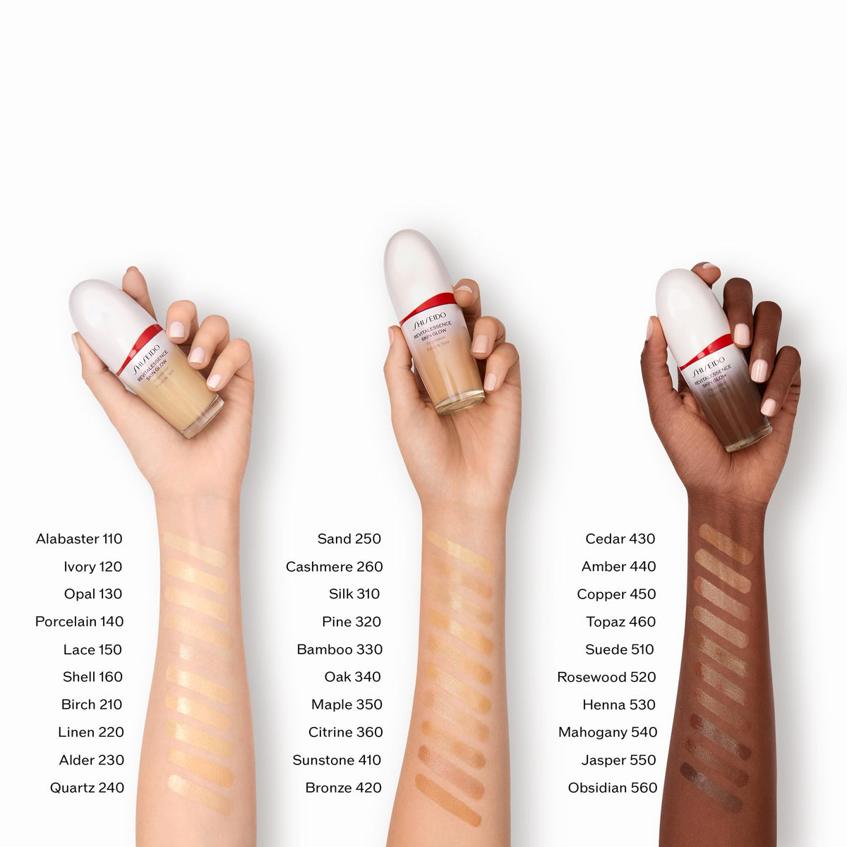 Shiseido RevitalEssence Skin Glow Foundation on skin with radiant finish.