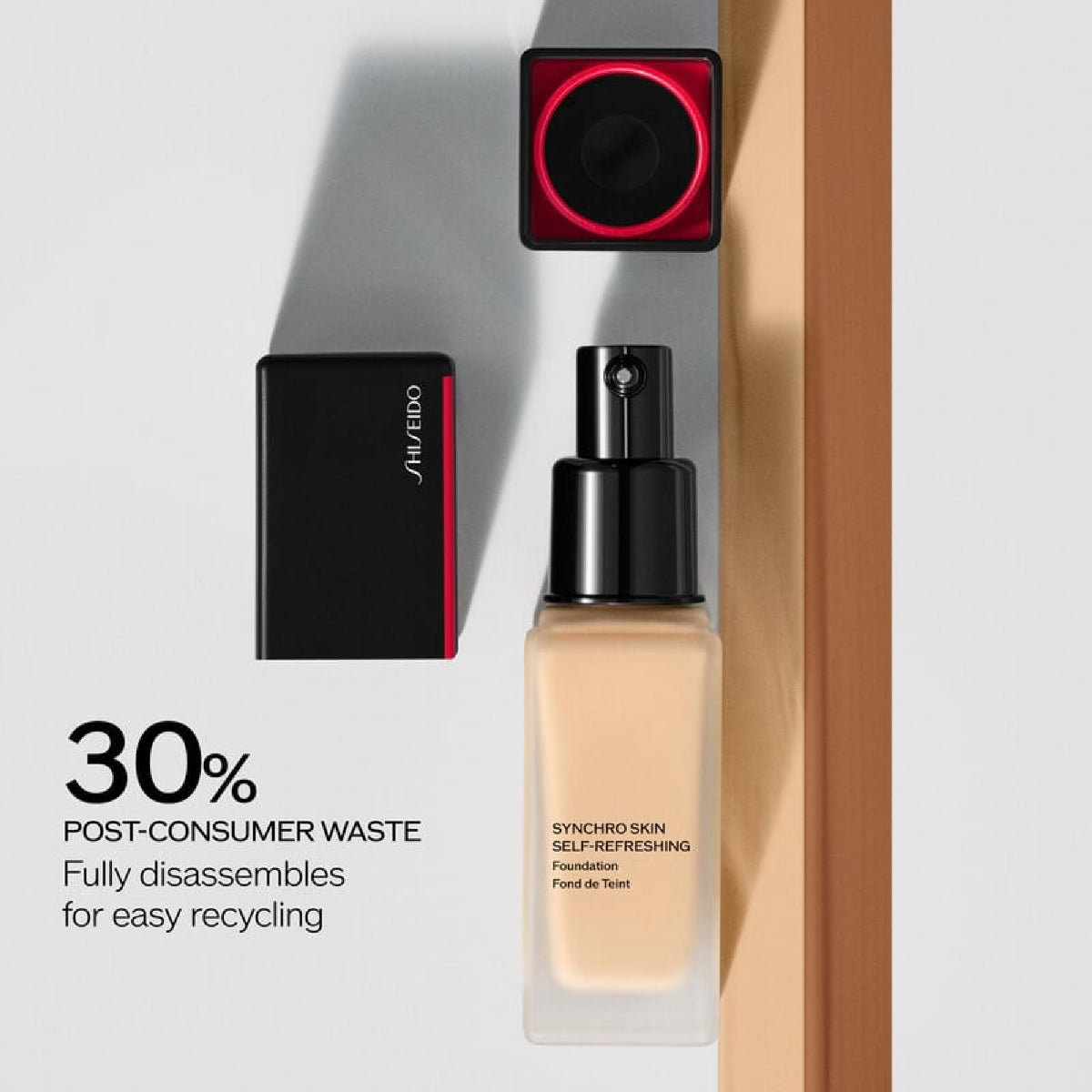 Model wearing Shiseido Synchro Skin foundation demonstrating 24-hour wear.