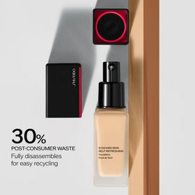 Model wearing Shiseido Synchro Skin foundation demonstrating 24-hour wear.