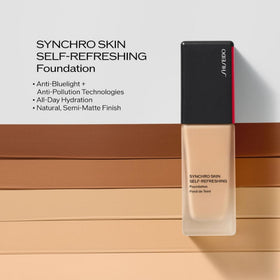 Shiseido Synchro Skin foundation on skin with smooth semi-matte texture.