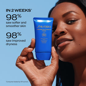 Shiseido Ultimate Sun Protector Cream being gently applied to the face