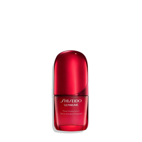 Shiseido Ultimune serum bottle close-up showing premium formula for radiant, youthful-looking skin.