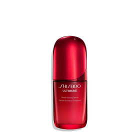 Shiseido Ultimune serum bottle with pump for quick absorption and daily radiance.