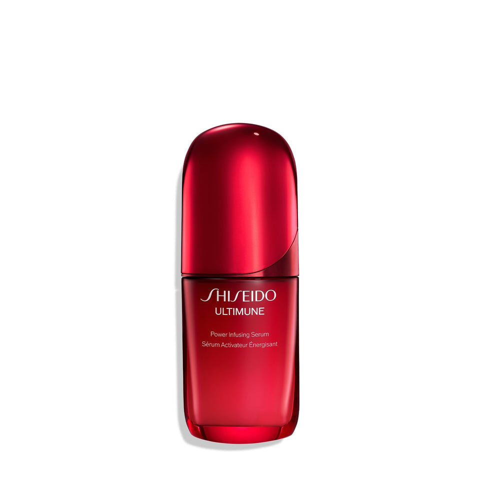 Shiseido Ultimune serum bottle with pump for quick absorption and daily radiance.