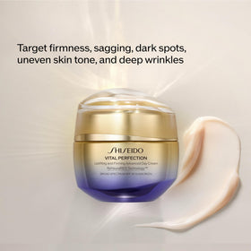 Texture close-up of Shiseido Vital Perfection day cream for smooth, hydrated skin.
