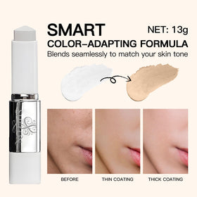 SHLLON foundation stick being blended with soft brush for even coverage