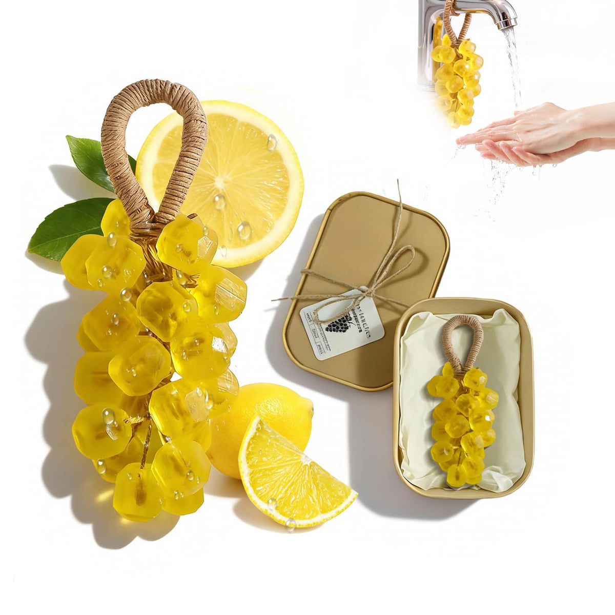 SHLLON grape soap on a rope with grape cluster design enhances bathroom decor