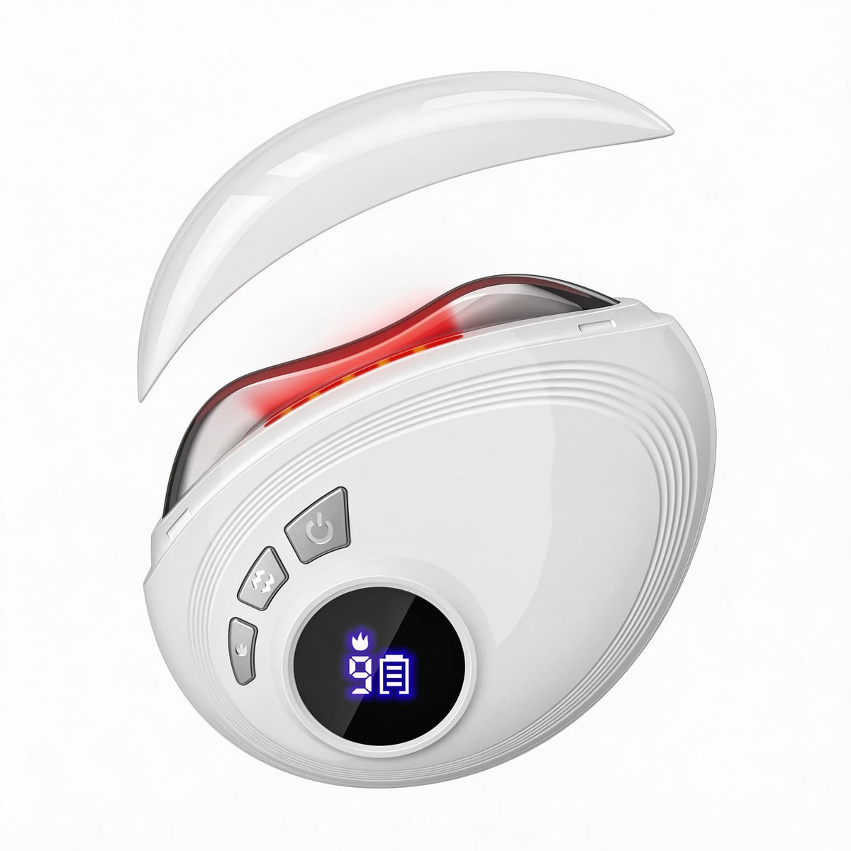 SHMHE LED Red Light Gua Sha Massager shows face and neck contouring with warm glow for serum absorption