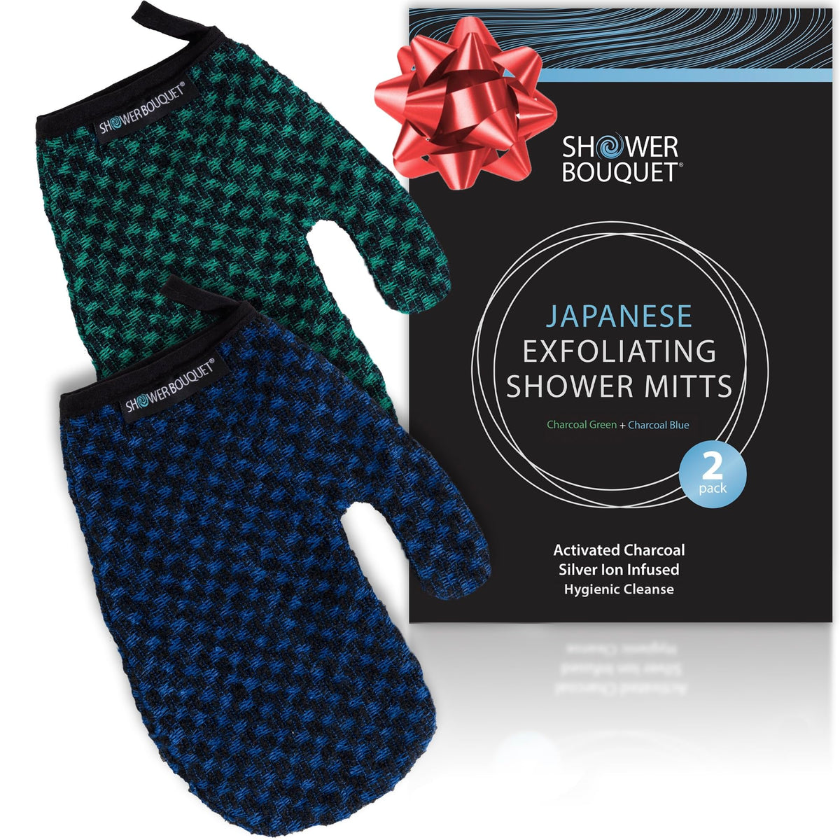 Shower Bouquet blue exterior charcoal exfoliating glove for deep cleansing.