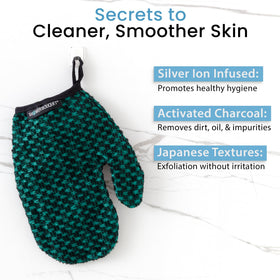 Shower Bouquet green exterior charcoal exfoliating glove for a refreshing cleanse.