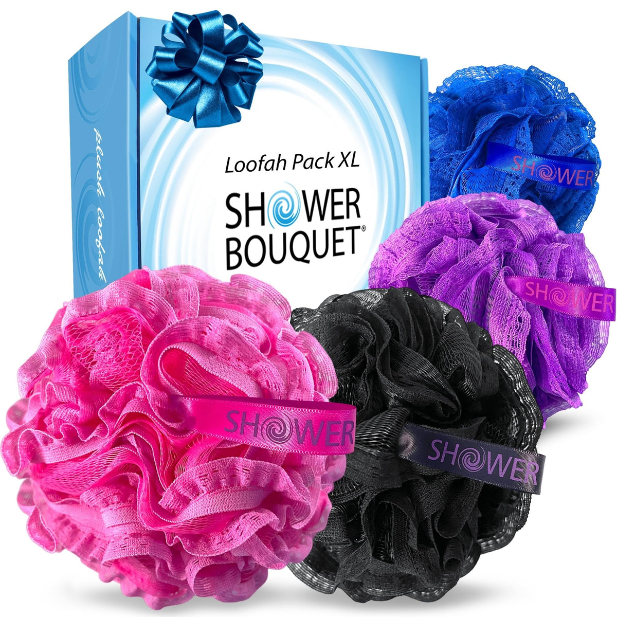 Shower Bouquet hot pink lace mesh loofah delivering rich lather and gentle exfoliation.