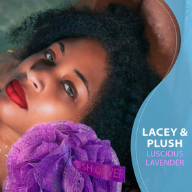 Shower Bouquet midnight black lace mesh loofah for bold cleansing and smooth skin.