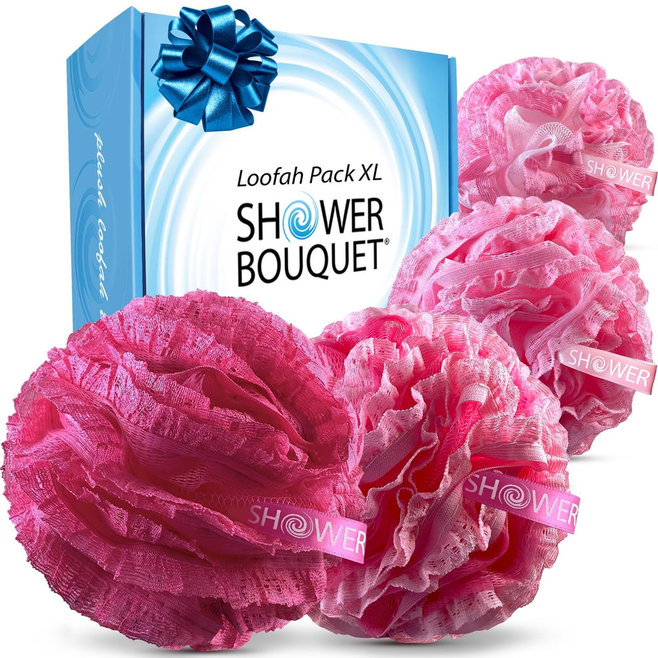 Shower Bouquet pink loofah set with lace mesh for gentle exfoliation