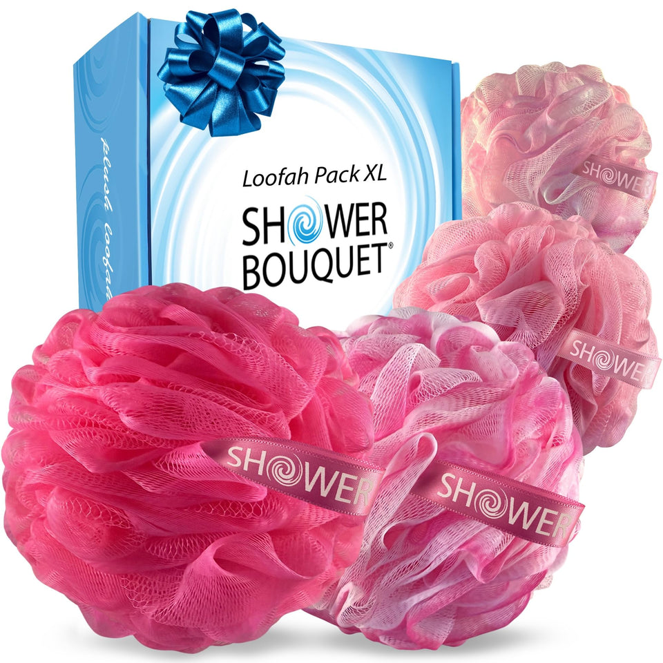 Shower Bouquet pink loofah xl four-pack for thorough exfoliation and gentle cleansing.