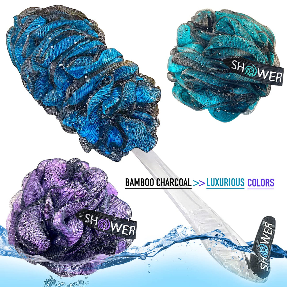 Shower Bouquet soft mesh loofas infused with charcoal for gentle exfoliation