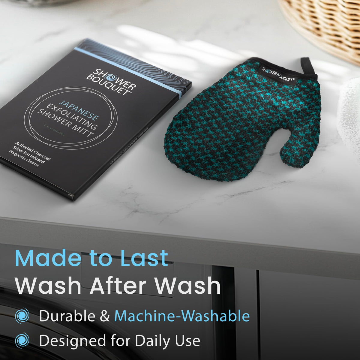 Shower Bouquet thumb design enables precise exfoliation on tough spots.