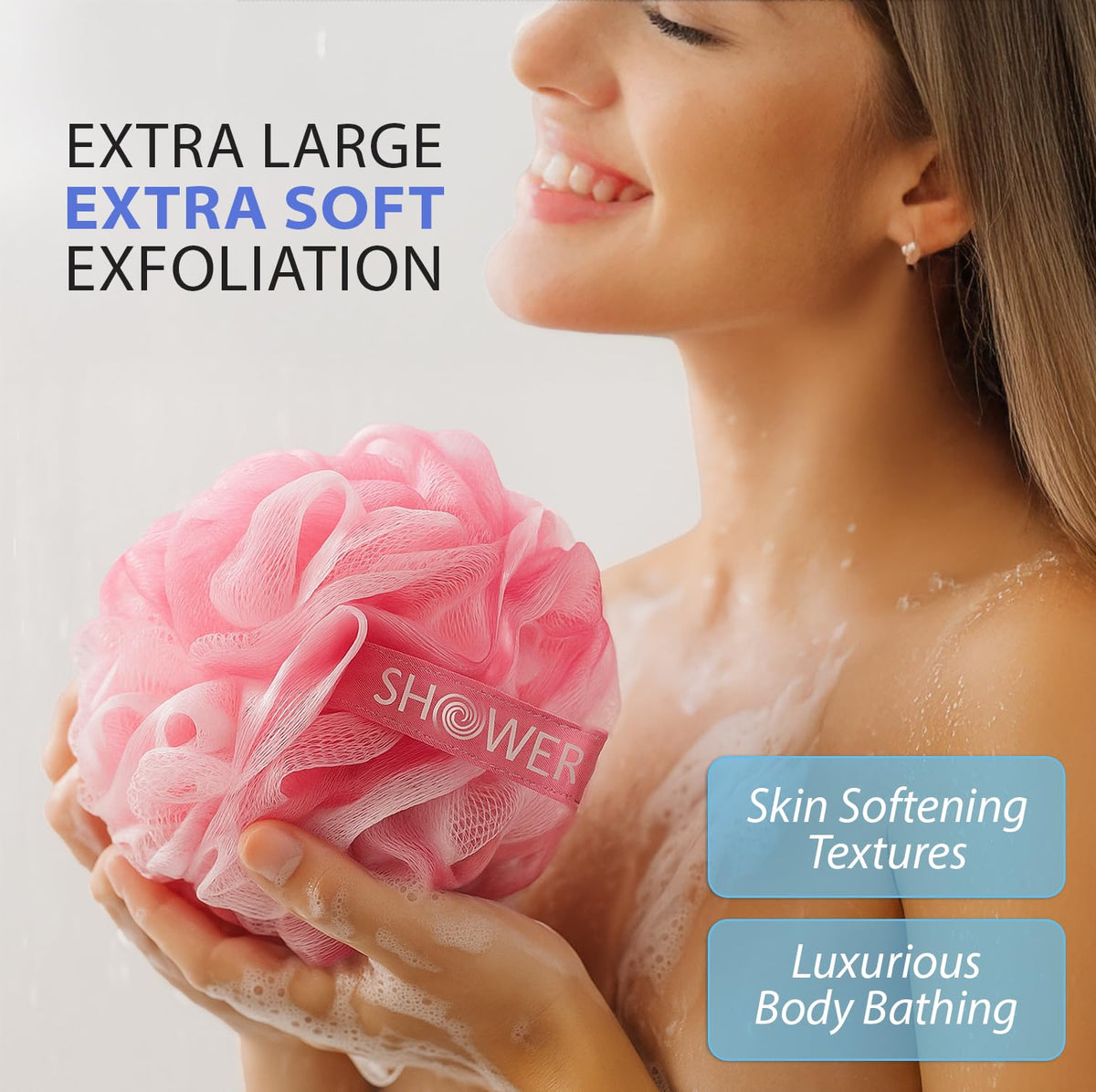 Shower Bouquet xl 75g density loofah with long ribbon handle for easy grip.