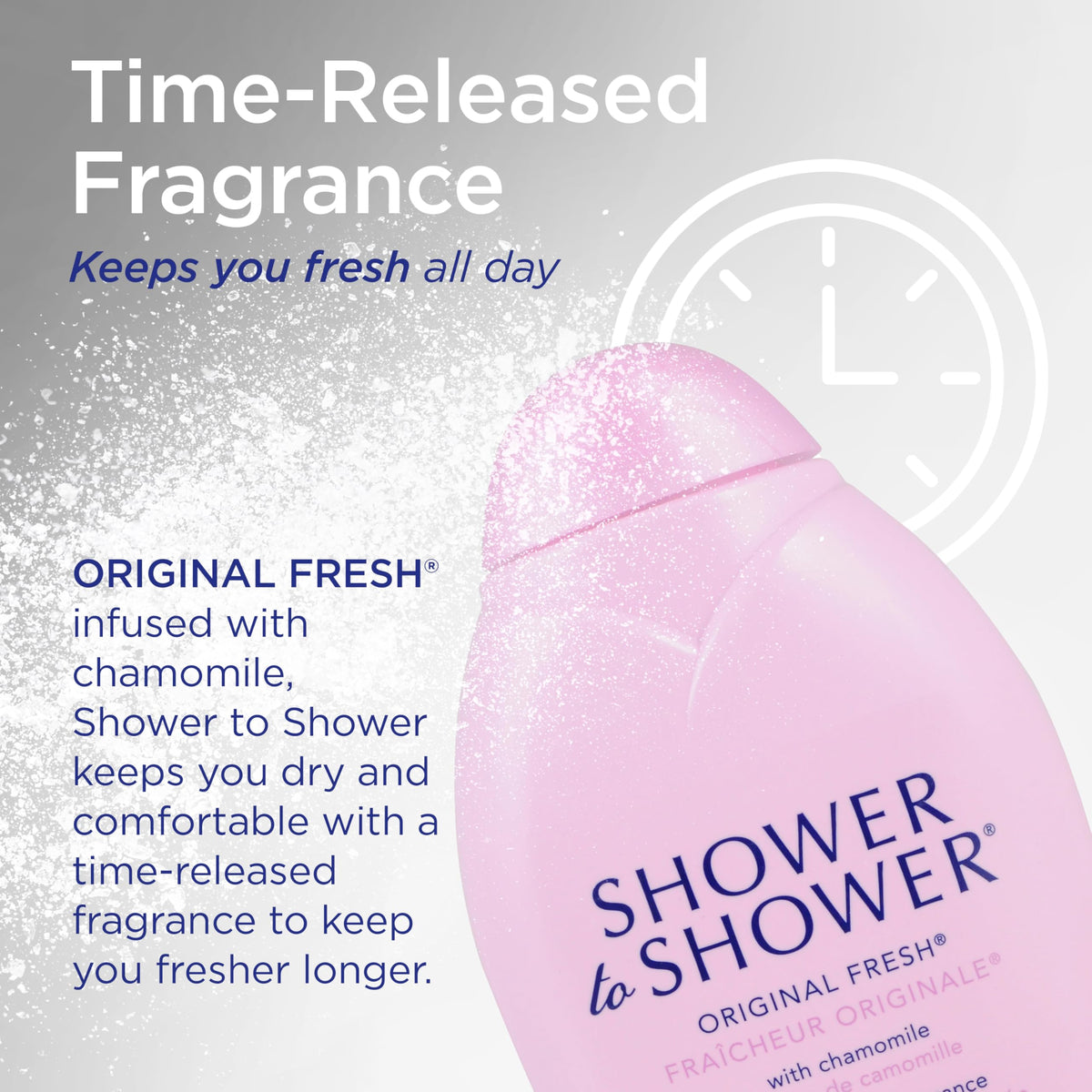 Shower To Shower odor-neutralizing powder leaves a soft, refreshed feel