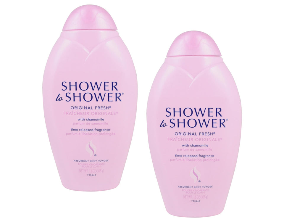 Shower To Shower Original Fresh chamomile body powder two-pack packaging for lasting freshness