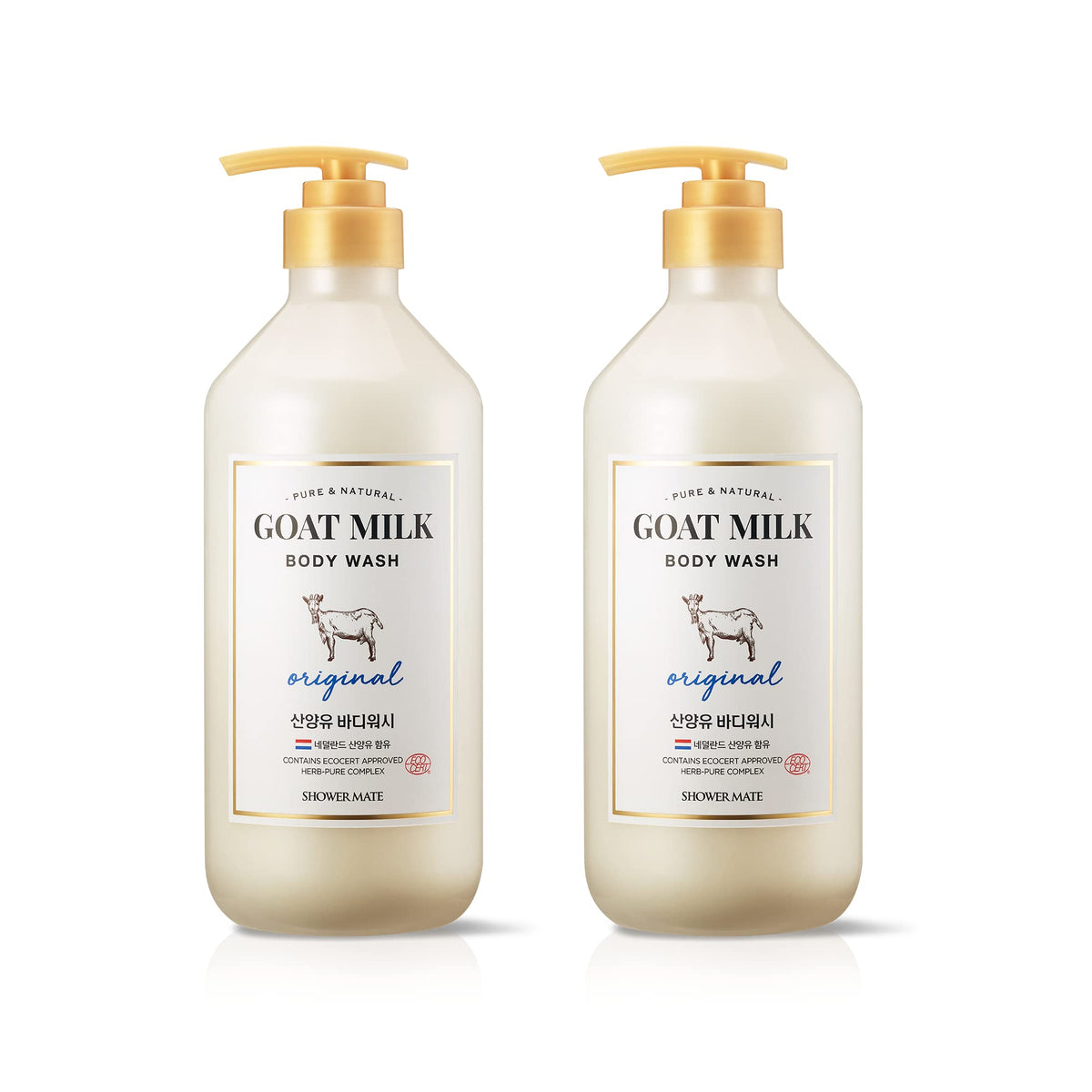 SHOWERMATE AEKYUNG Goat Milk Body Wash bottle highlights hydrating formula for sensitive skin.