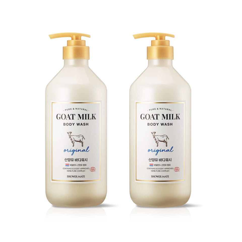 SHOWERMATE AEKYUNG Goat Milk Body Wash bottle highlights hydrating formula for sensitive skin.