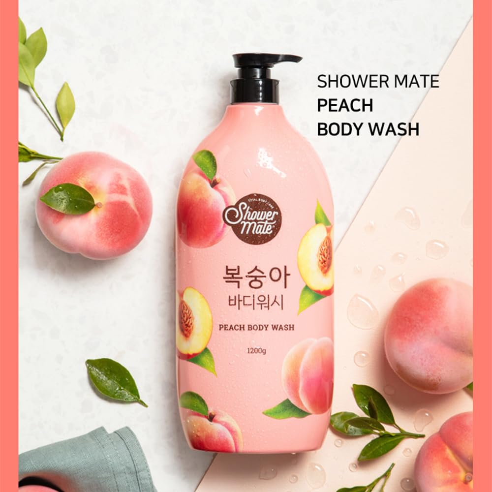 SHOWERMATE Peach body wash bottle with natural peach scent for relaxing showers.