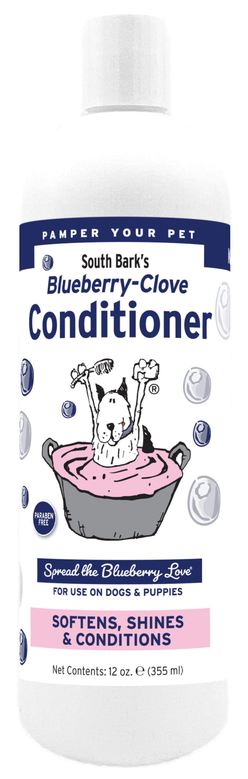 ShowSeason South Bark blueberry-clove conditioner bottle for dogs and cats delivers lasting softness.
