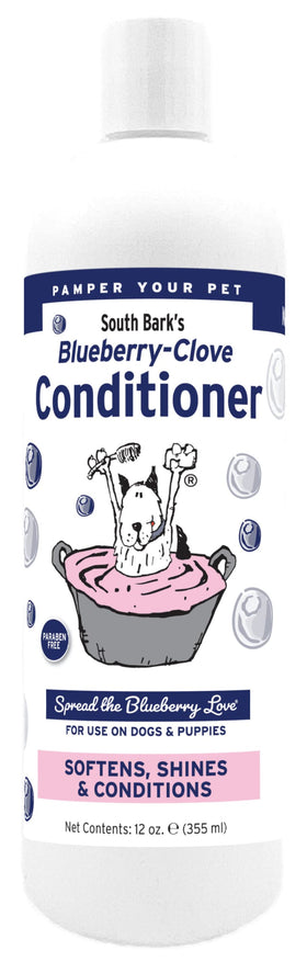 ShowSeason South Bark blueberry-clove conditioner bottle for dogs and cats delivers lasting softness.