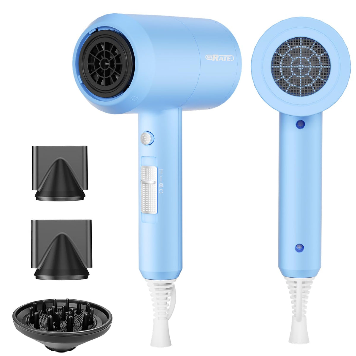 SHRATE Ionic Hair Dryer front view with diffuser for travel-ready styling