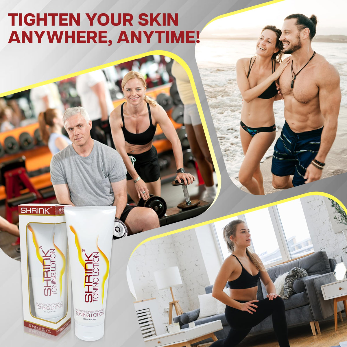Shrink Toning Lotion application scene demonstrates simple daily use for body toning.