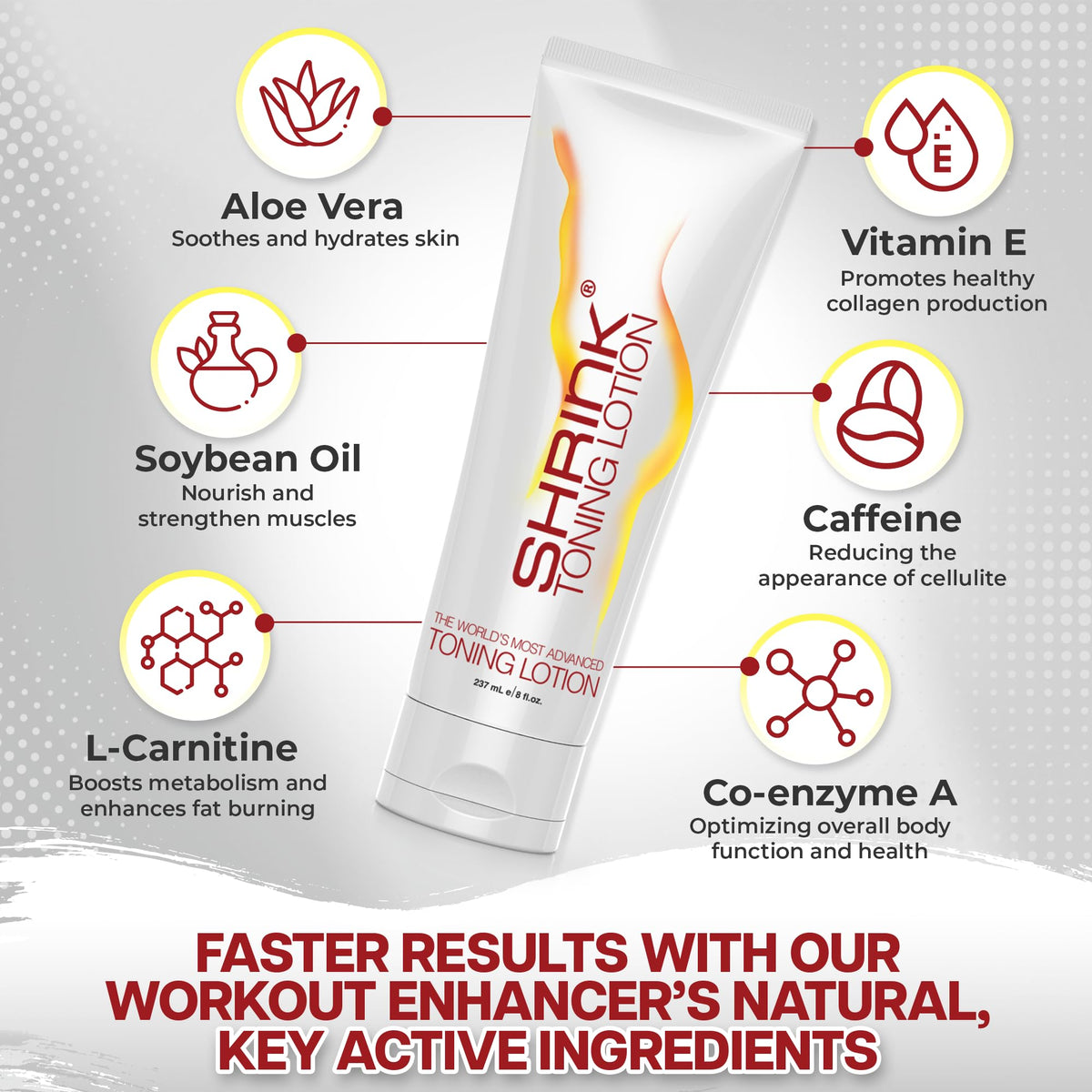 Shrink Toning Lotion heat-activation feature highlighting warming action for contouring.