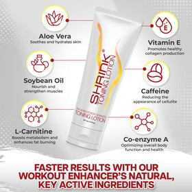 Shrink Toning Lotion heat-activation feature highlighting warming action for contouring.