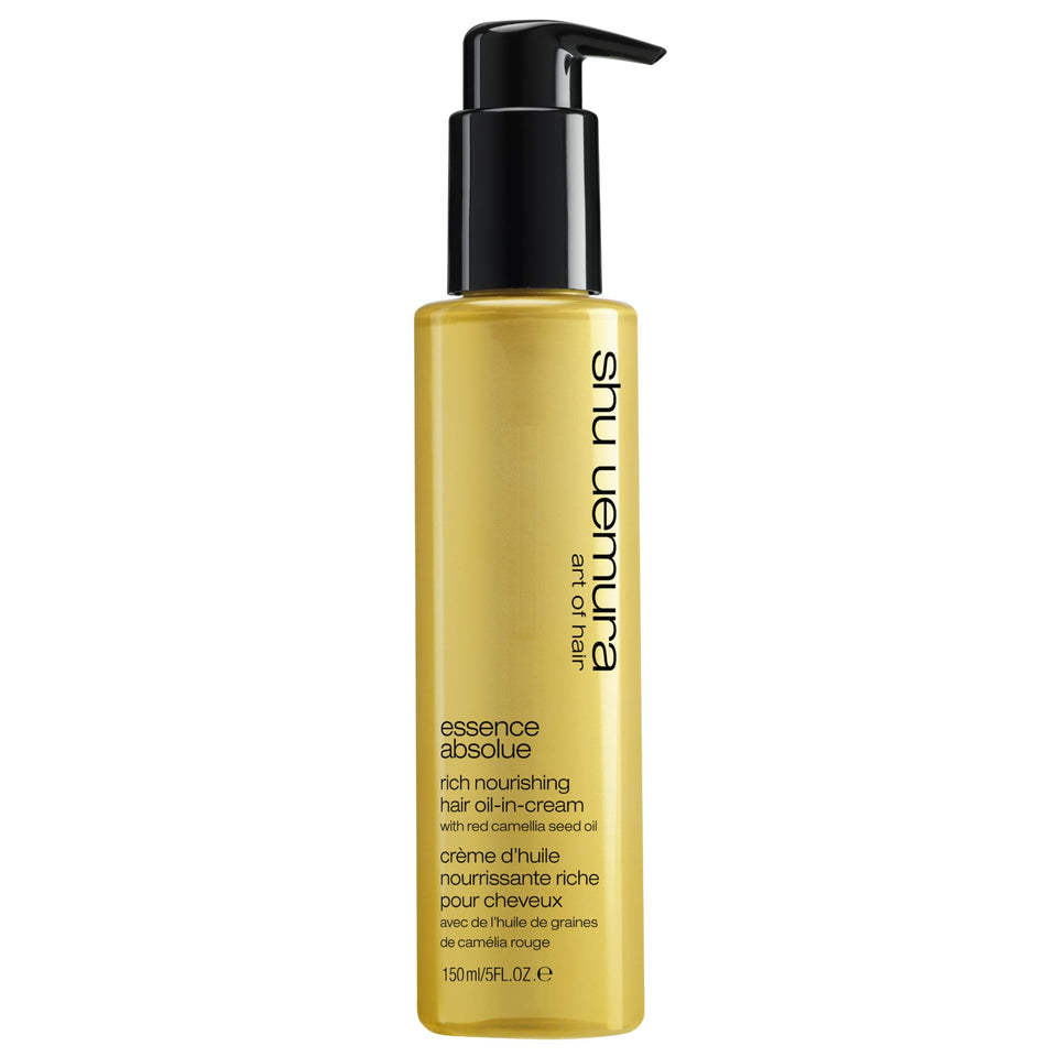 shu uemura art of hair Essence Absolue Nourishing Cream bottle pour showing heat protection