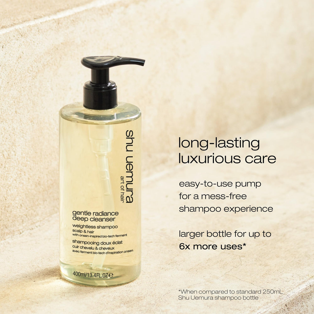 shu uemura art of hair Gentle Radiance Clarifying Shampoo application shot shows easy daily use