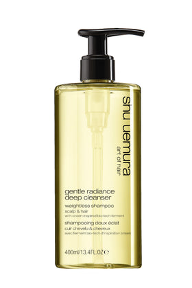 shu uemura art of hair Gentle Radiance Clarifying Shampoo bottle close-up, refreshing cleanse for all hair types