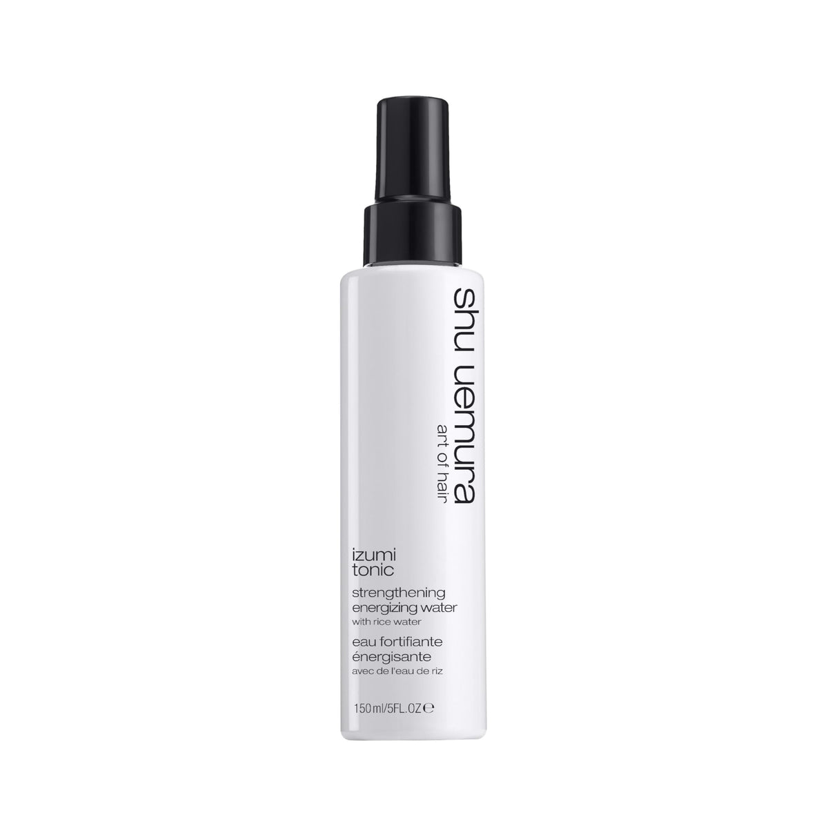 The shu uemura art of hair Izumi Tonic bottle close-up highlighting strengthening rice water benefits.