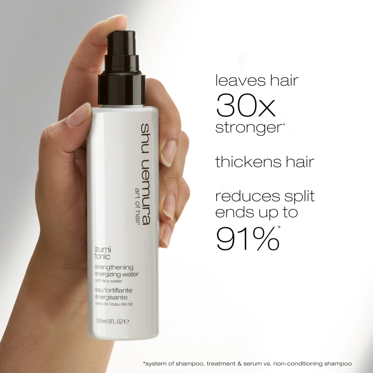 The ingredients panel for shu uemura art of hair Izumi Tonic highlights rice water benefits.