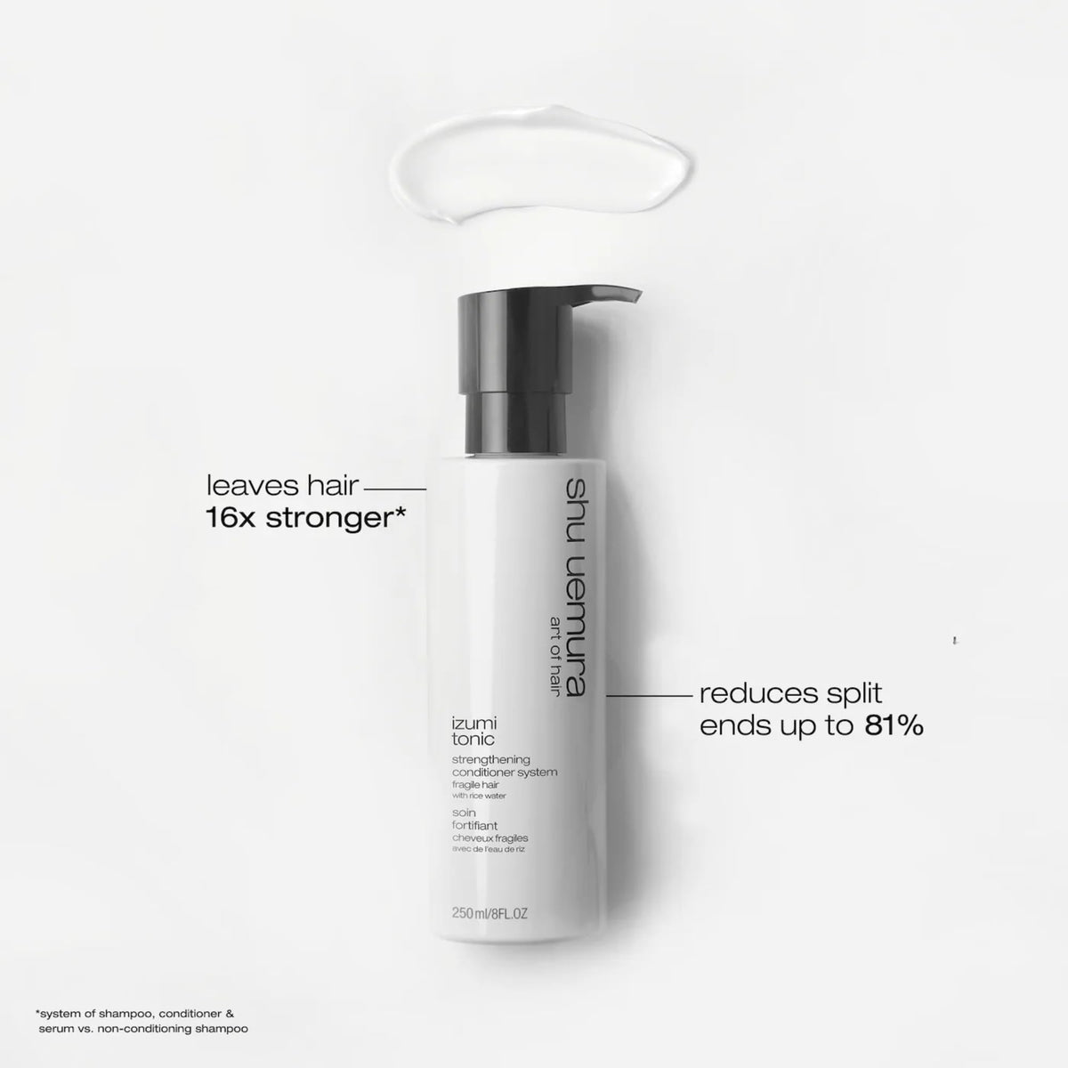 Shu Uemura Art of Hair Izumi Tonic label close-up shows premium conditioning and strength