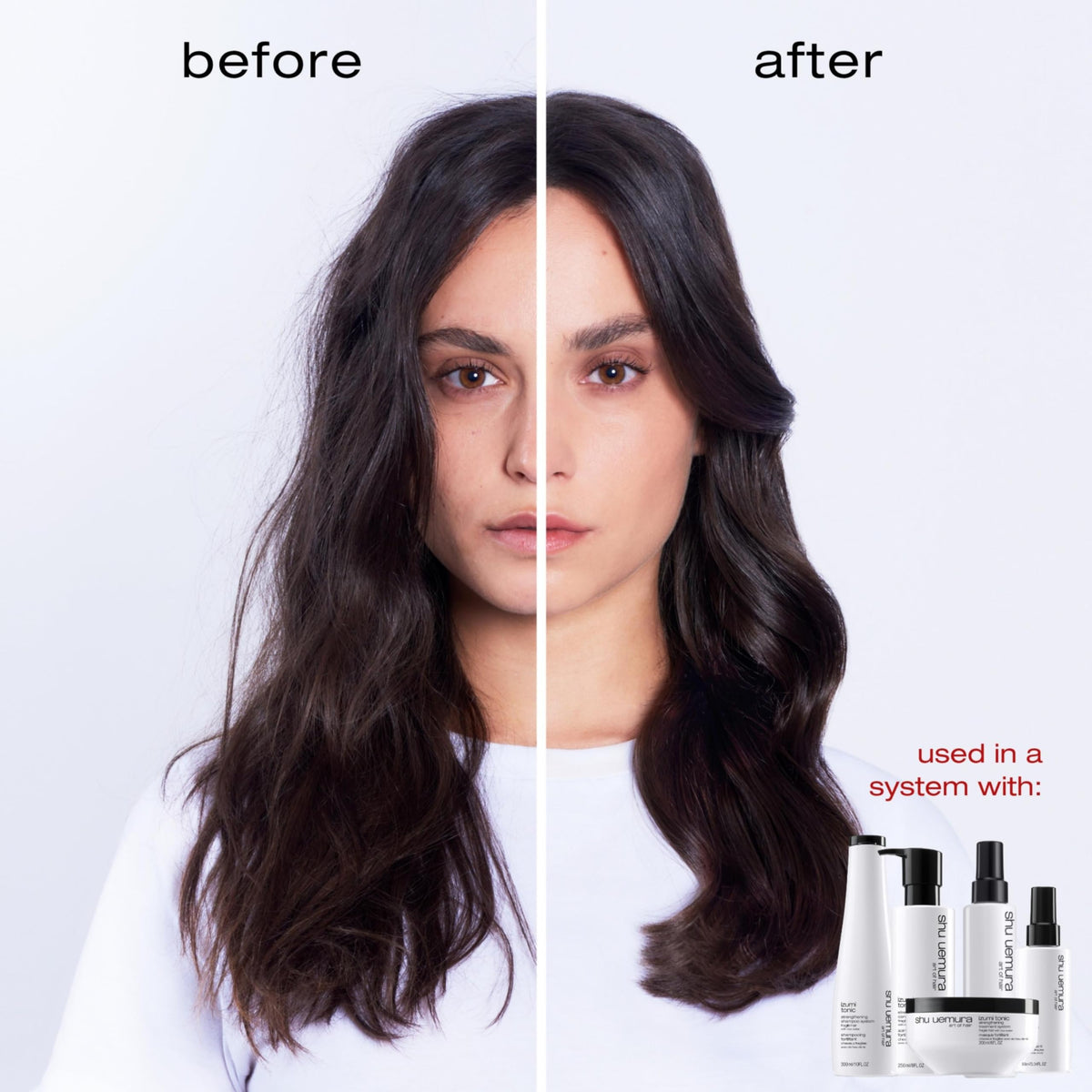 The shu uemura art of hair Izumi Tonic spray is shown in action, hydrating and detangling fragile hair.