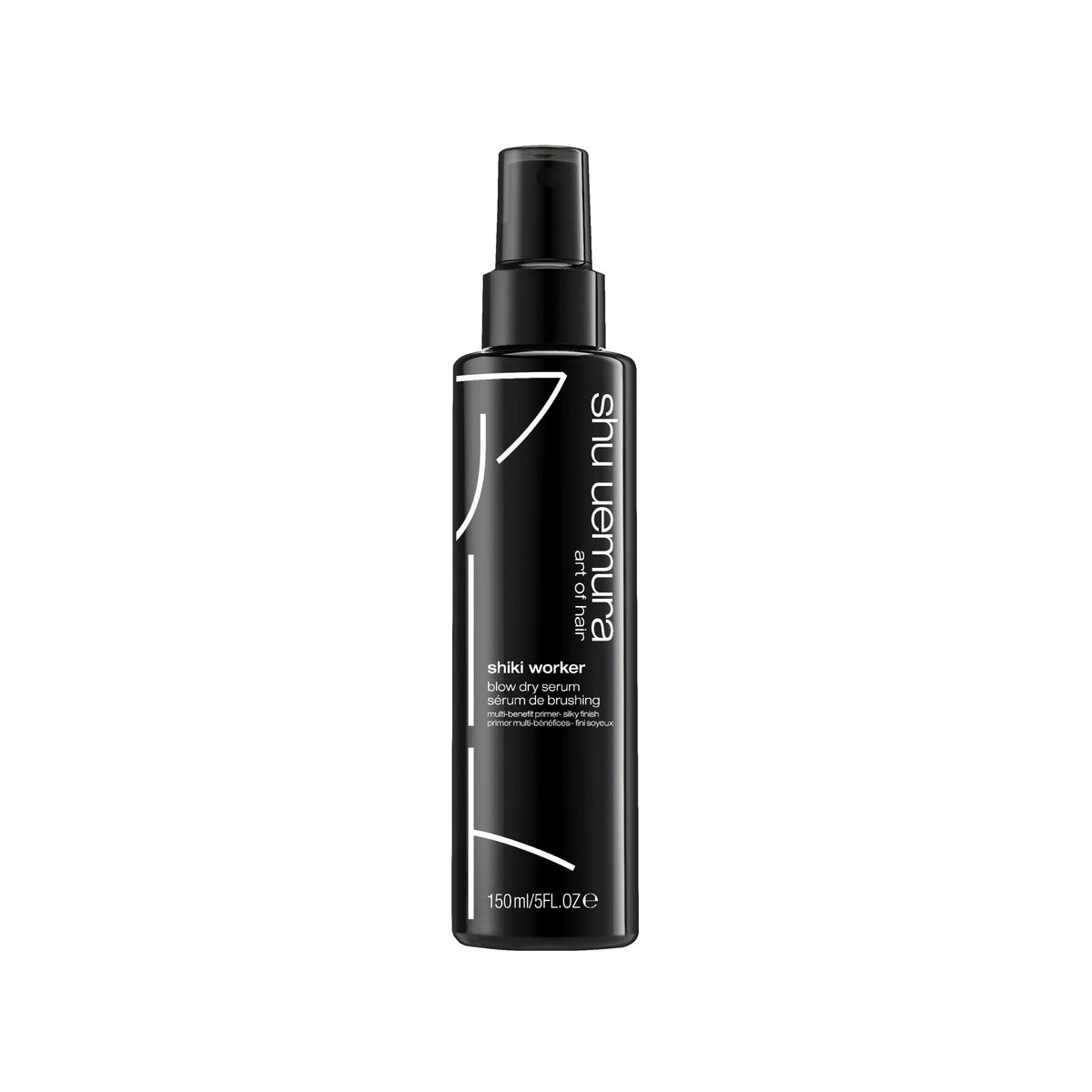 Shu Uemura Art of Hair Shiki Worker bottle pump for precise primer distribution on damp hair.