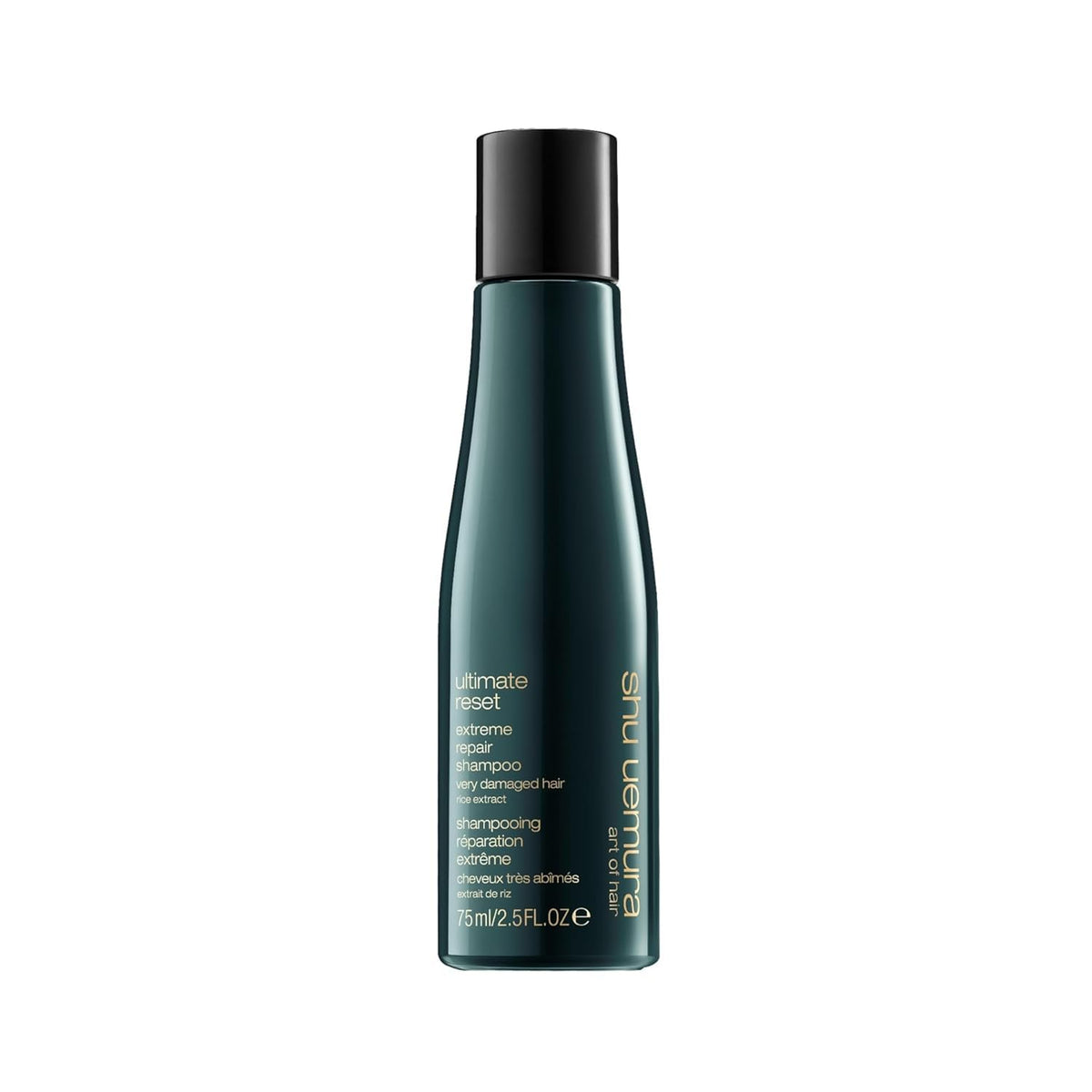 shu uemura art of hair Ultimate Reset shampoo bottle ready for scalp cleansing and breakage reduction.