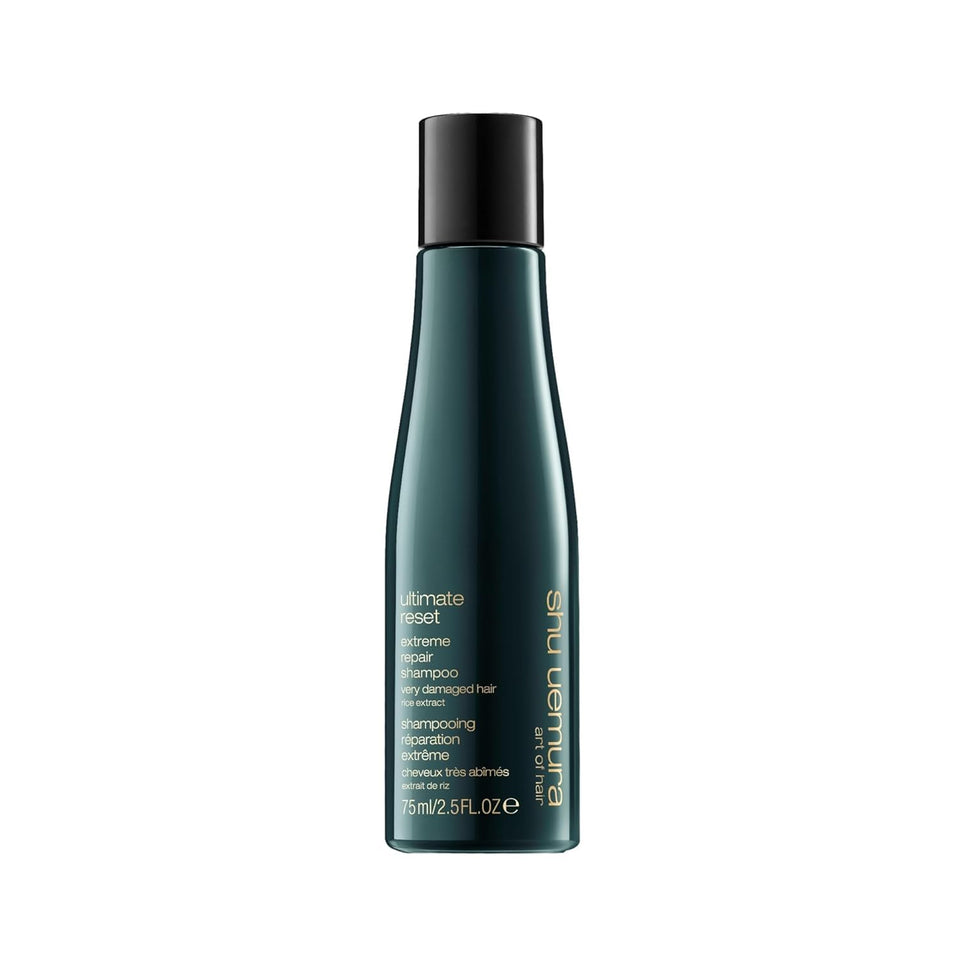 shu uemura art of hair Ultimate Reset shampoo bottle ready for scalp cleansing and breakage reduction.