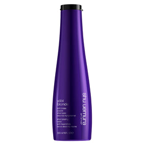 Shu Uemura Yubi Blonde bottle showing anti-brass formula for blonde hair