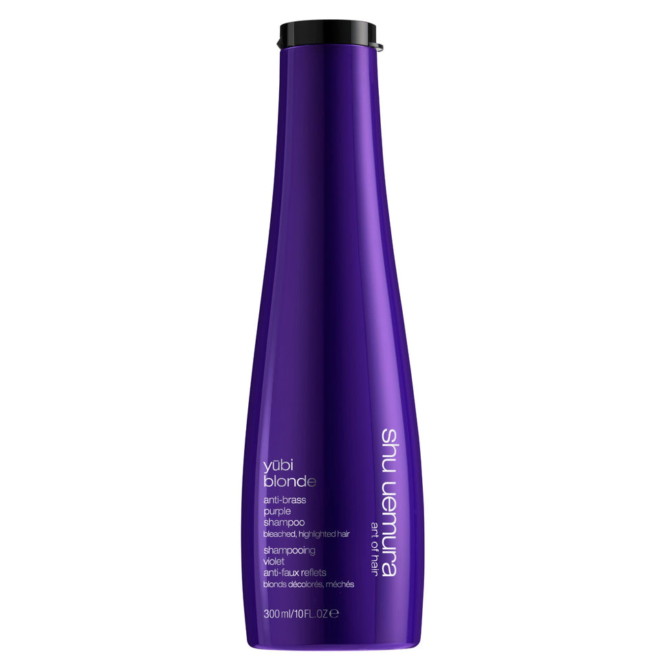 Shu Uemura Yubi Blonde bottle showing anti-brass formula for blonde hair