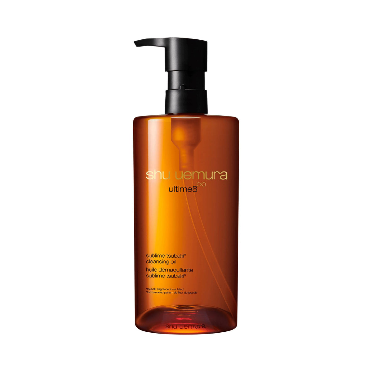 shu uemura Ultime8 Sublime Tsubaki Cleansing Oil bottle with silky texture for gentle makeup removal