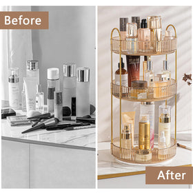 Shuang Qing gold finish cosmetic organizer with sturdy alloy frame handling heavy items.