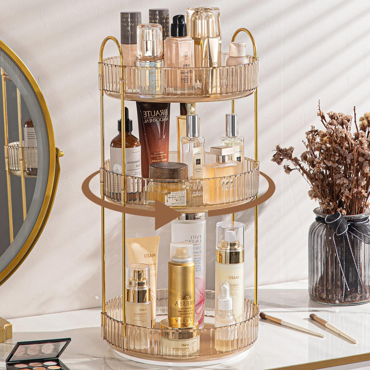 Shuang Qing rotating makeup organizer in gold showing 360° rotation for easy access.